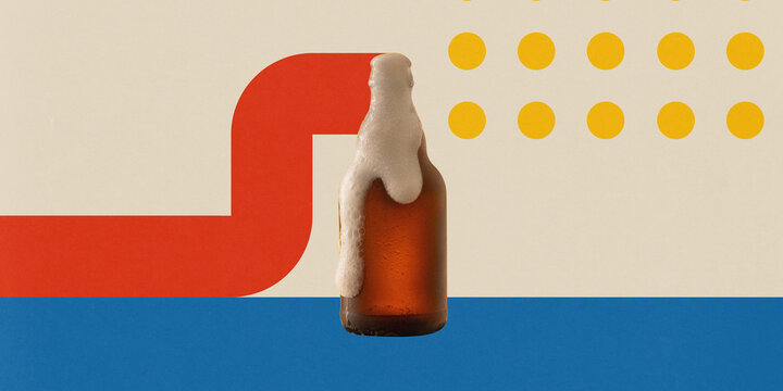 Poster. Contemporary art collage. Elegant beer glass with bold red, yellow, and black accents in abstract Bauhaus style. Modern party celebrations. Concept of alcohol, party, Friday mood, brewery.