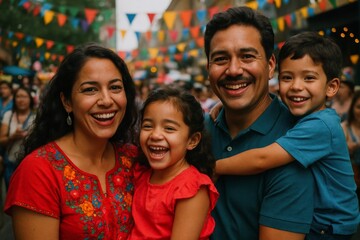 Joyful hispanic family portrait at a lively outdoor street festival