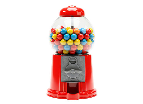 Classic metal gumball machine filled with colorful candy balls isolated on transparent background
