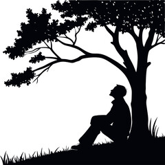  silhouette of a man leaning against a tree looking.