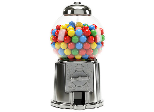 Classic metal gumball machine filled with colorful candy balls isolated on transparent background