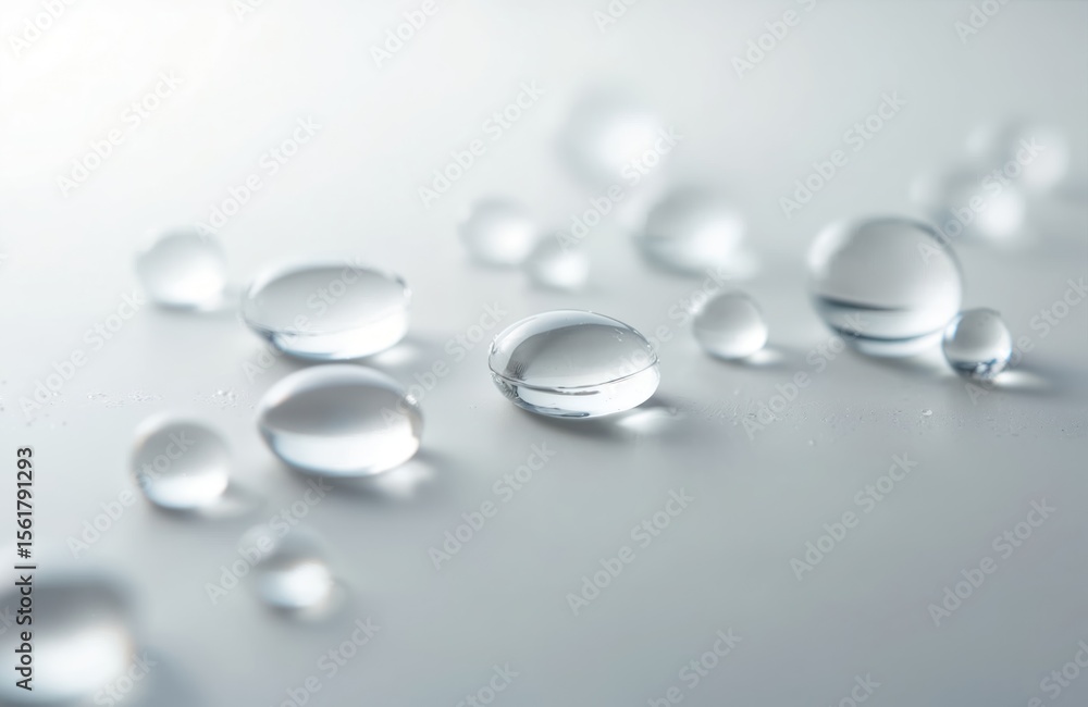 Poster close-up view of clear water drops on smooth surface. transparent liquid droplets macro. focus on pu