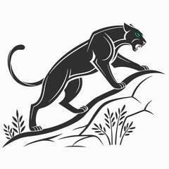 Obraz premium Powerful black panther silhouette atop a hill, perfect for logo design. A stylized silhouette of a black panther perched atop a stylized hill, evoking strength and wildness.