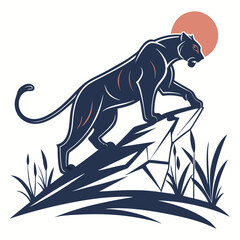 Obraz premium Powerful black panther silhouette atop a hill, perfect for logo design. A stylized silhouette of a black panther perched atop a stylized hill, evoking strength and wildness.