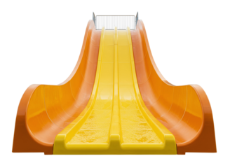 Bright orange and yellow double water slide with water splashing isolated on transparent background