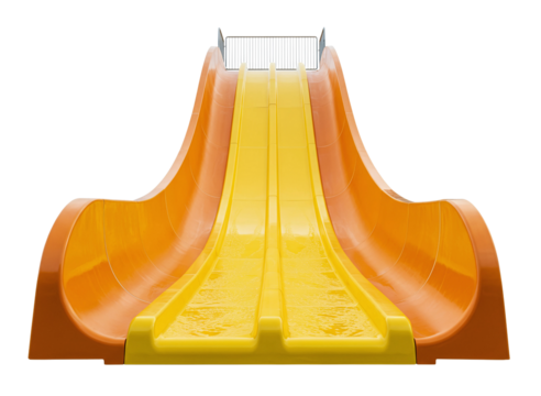 Bright orange and yellow double water slide with water splashing isolated on transparent background