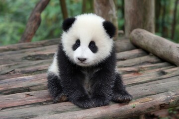 Obraz premium Panda Cute Sitting. Sad Giant Panda Cub in Sichuan Nature Reserve