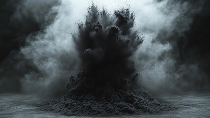 Abstract black and white scene of fine particles in motion. Intense and gritty visual of an impactful dust cloud.