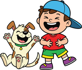 Cartoon boy and dog joyful moment, cad drawing flat vector illustration, smiling characters, playful pose, child pet interaction sketch