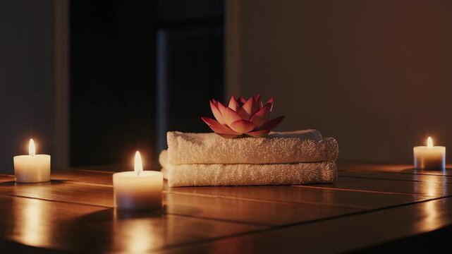 candles in the spa, white towels and lotus flower, atmosphere of relaxation and pleasure, Thai massage