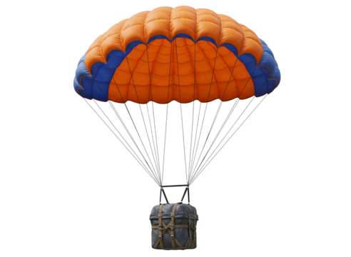  parachute carrying a cargo package isolated on transparent background