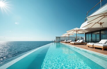 Fototapeta premium Luxury cruise ship pool with ocean view. Sun umbrellas, comfortable sunbeds. Clear blue sky, vacation lifestyle. Serene summer retreat, travel, vacation, relaxation.