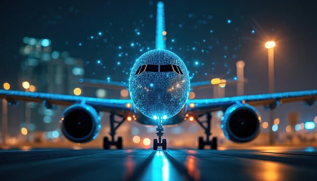 Modern airplane with digital tech. Futuristic aircraft on runway at night. Aerospace technology progress. Innovation in air transport, aviation tech, software development in transportation industry.