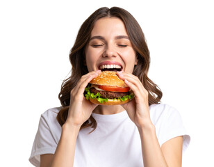 Happy Young Woman Taking a Big Bite of Hamburger, Isolated on Transparent Background PNG