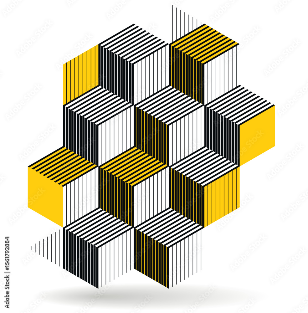 Poster black and yellow geometric vector abstract background with cubes and shapes, isometric 3d abstractio