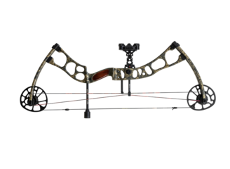 Modern compound bow with camouflage pattern isolated on transparent background