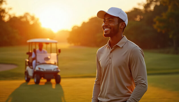 African American golfer enjoys sunset on course with golf cart in background. Man in cap smiles confidently. Summer leisure sport, golf club, lifestyle of wealth and prosperity.