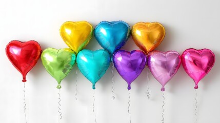Colorful Heart Shaped Foil Balloons in a Row Against a White Background