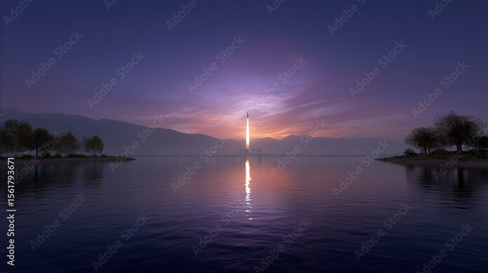 Aufkleber rocket spaceship rising from the launch site.over a calm lake with distant mountains and a glowing t
