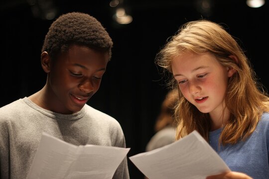 Script Play. Teenage Boy and Girl Reading and Acting the Script Together in Theatre Club Class