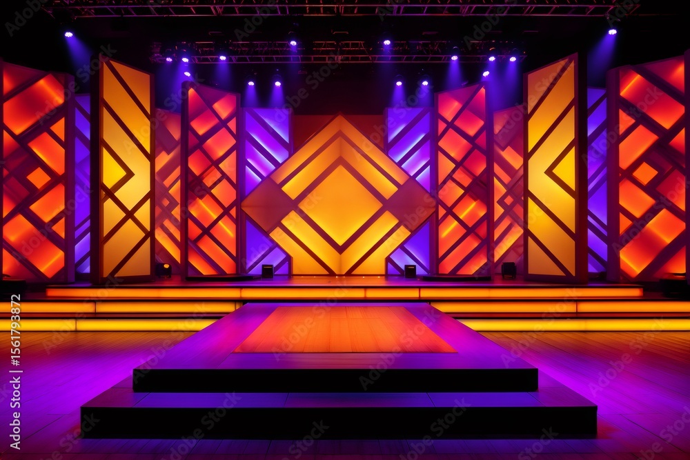 Poster empty stage setting with orange and purple lights is waiting for the show