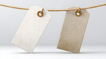 Two Blank Paper Tags Hanging on Jute Rope with Brass Grommets Isolated