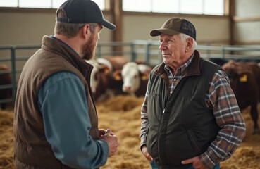 Two men discuss contract in cowshed. Farmer businessman wearing caps, talking about deal agreement. Cattle, bovine animals in background. Partnership meeting, agribusiness, farming cooperation.