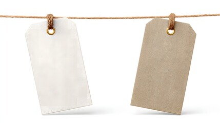 Two Blank Tags Hanging on Twine Isolated on White Background