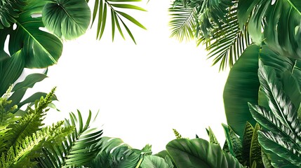 Tropical Green Leaves Frame on White Background for Summer and Nature Designs