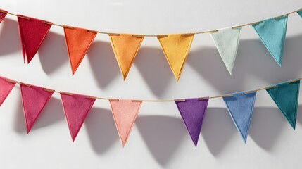 Colorful Triangle Bunting Flags Hanging on String Against White Wall Background