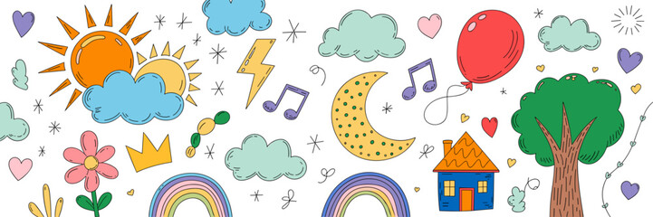 Children's drawing elements: sun, rainbow, house, tree, moon, cloud, and more