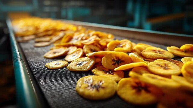 Banana chips moving on a conveyor belt during processing a factory setting
