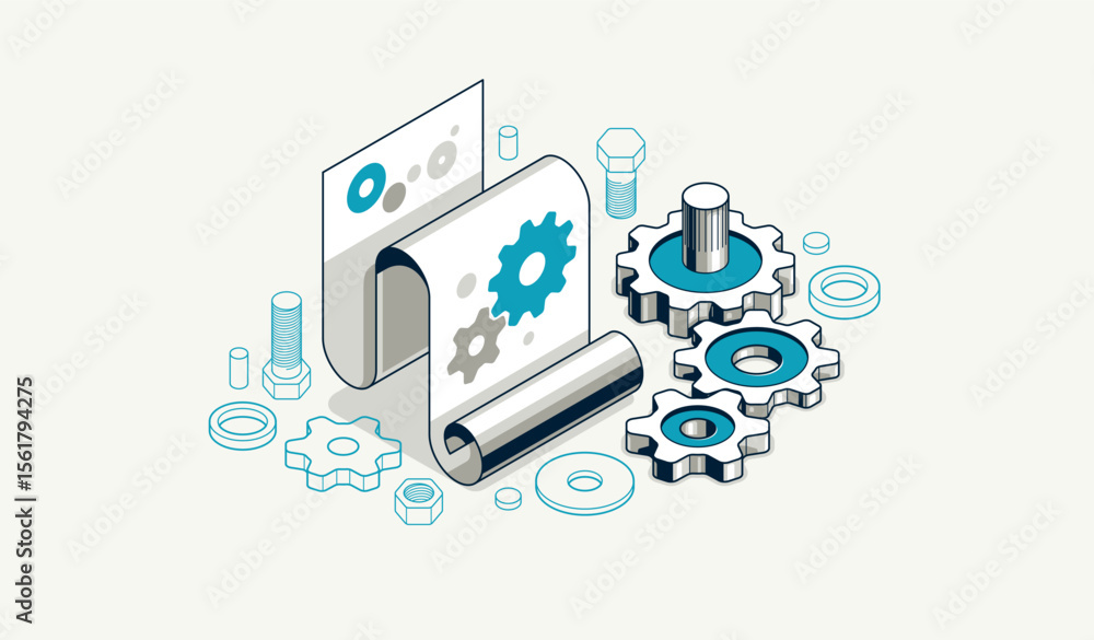 Poster user manual and guideline concept, technics instruction brochure, paper sheet with gears 3d isometri