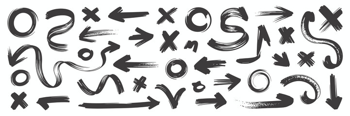 Brush stroke arrows and symbols vector set, direction pointers and graphic design elements