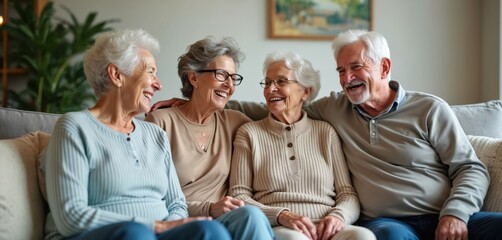 Group of four elderly people, smiling and laughing together. Diverse group enjoys time in cozy living room setting. Happy senior friends sitting on couch, laughing together, enjoying retirement.