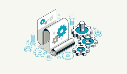 User manual and guideline concept, technics instruction brochure, paper sheet with gears 3D isometric vector illustration, engineering and repair tutorial.