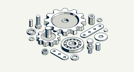 Obraz premium Engineer education concept, gears and cogs composition isometric 3D vector illustration, study science in university, engineering learning.