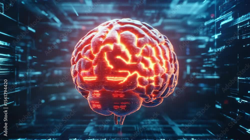 Aufkleber a digital brain with a red circuitry design, symbolizing artificial intelligence or cybernetics.