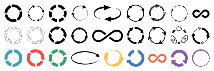Set of circular arrows and infinity symbols, cycle and loop concepts
