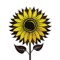 Fototapeta premium Silhouette of sunflower with sharp bold petals and stem, minimal black floral design, decorative botanical element illustration.