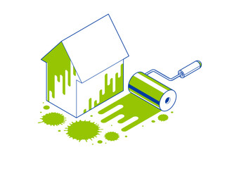 Painting house exterior walls vector 3D isometric illustration, diy facade paint renovation, residential small family house or cottage, outside painting building.