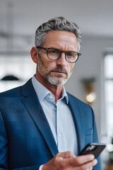 Confident Mature Businessman Using Smartphone in Office Wearing Suit and Glasses