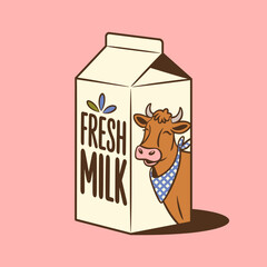 Fresh milk carton with cow, dairy product, cartoon illustration, agriculture, food concept