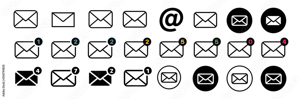 Fototapete Email icons set with unread notification counters vector graphics, message communication concept