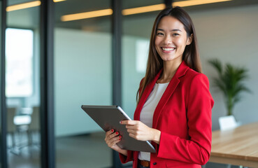 Smiling pro businesswoman in red blazer holds tablet in modern conference room. Confident business setting with office workspace. Happy female executive ready for presentation or meeting.