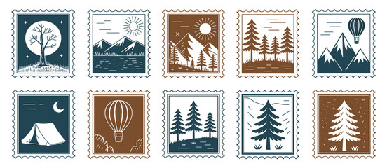 Set of ten camping themed vector stamp illustrations, landscape, outdoor, nature, adventure