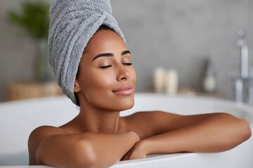 Beautiful woman relaxing in bathtub with towel on head