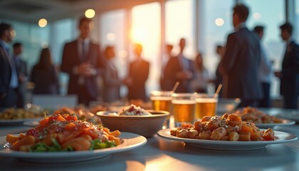 Business event party in modern office. Blurred silhouettes of people celebrate. Plates with food, drinks on table. Business meeting, corporate event, networking concept.