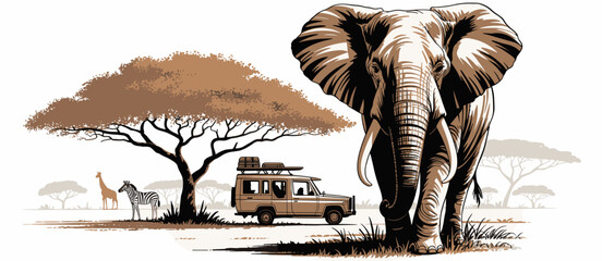 Safari scene with elephant, car, giraffe, zebra, and tree in sepia drawing landscape