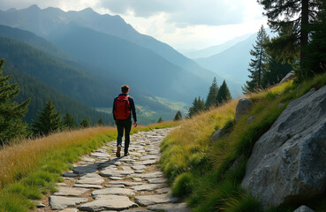 Obraz premium Hiker walks stone path. Green mountain landscape with trees, hills under sky. Travel journey adventure tourism. Active lifestyle, hiking, climbing, outdoor activities.